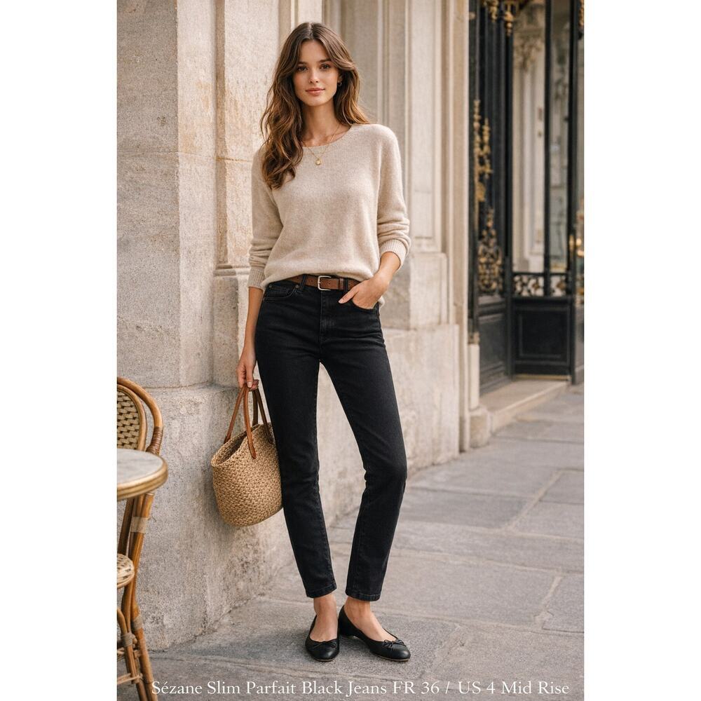 Sézane Slim Parfait Black Jeans FR 36 US 4 Mid Rise Stretch Denim 27 Inseam